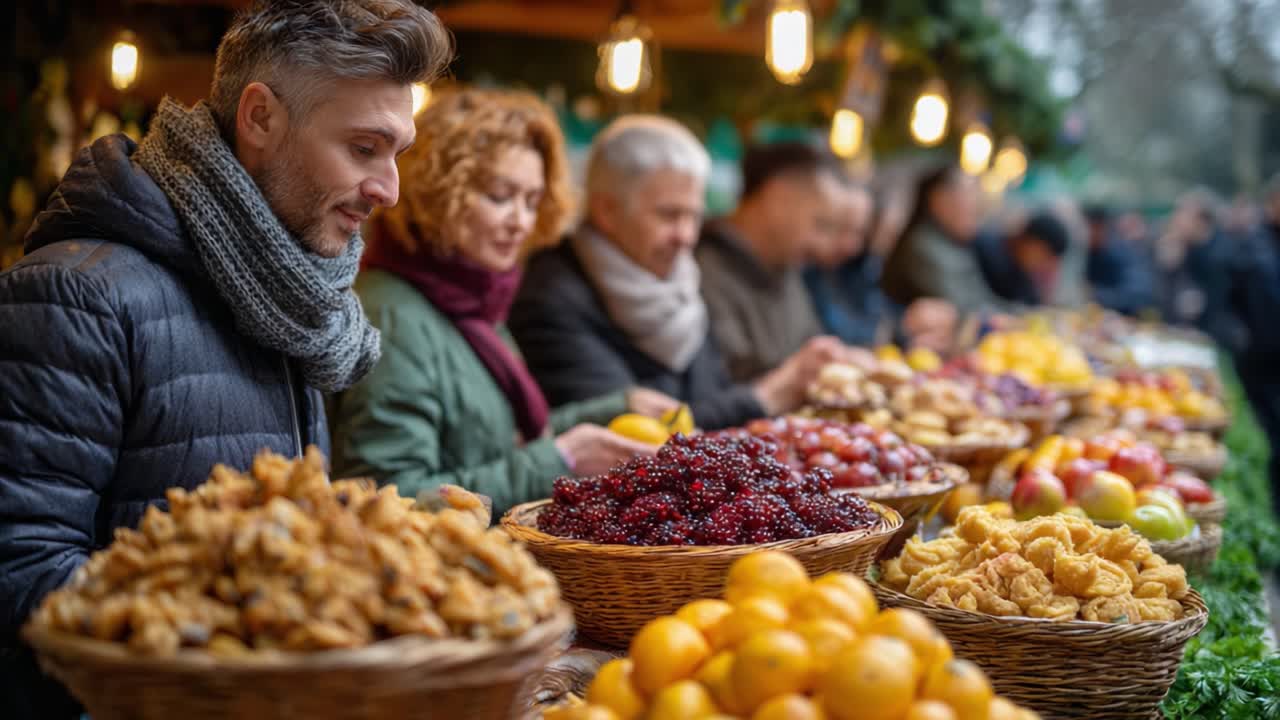 A Vibrant Market Scene with Customers Choosing Fresh Produce and Snacks, Showcasing a Variety of Colorful Fruits and Delectable Treats Under Warm Lighting