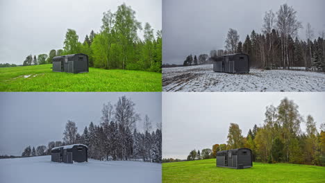 small wooden cabin in rural area shot in all four seasons of year, fusion time lapse