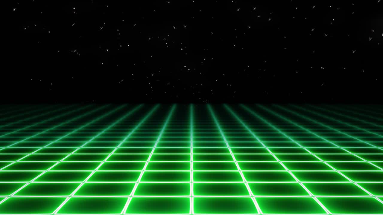 1980년대 초록색의 증기파 전기 네온 그리드가 관객을 향해 움직이며, 별들이 오고 사라집니다.