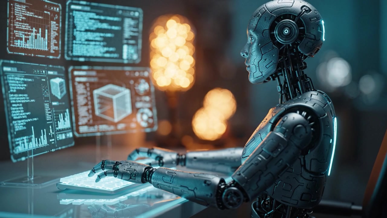 Futuristic Robot Working at a High-Tech Computer Station, Engaged in Advanced Data Analysis with Interactive Digital Displays and Innovative Technology Elements