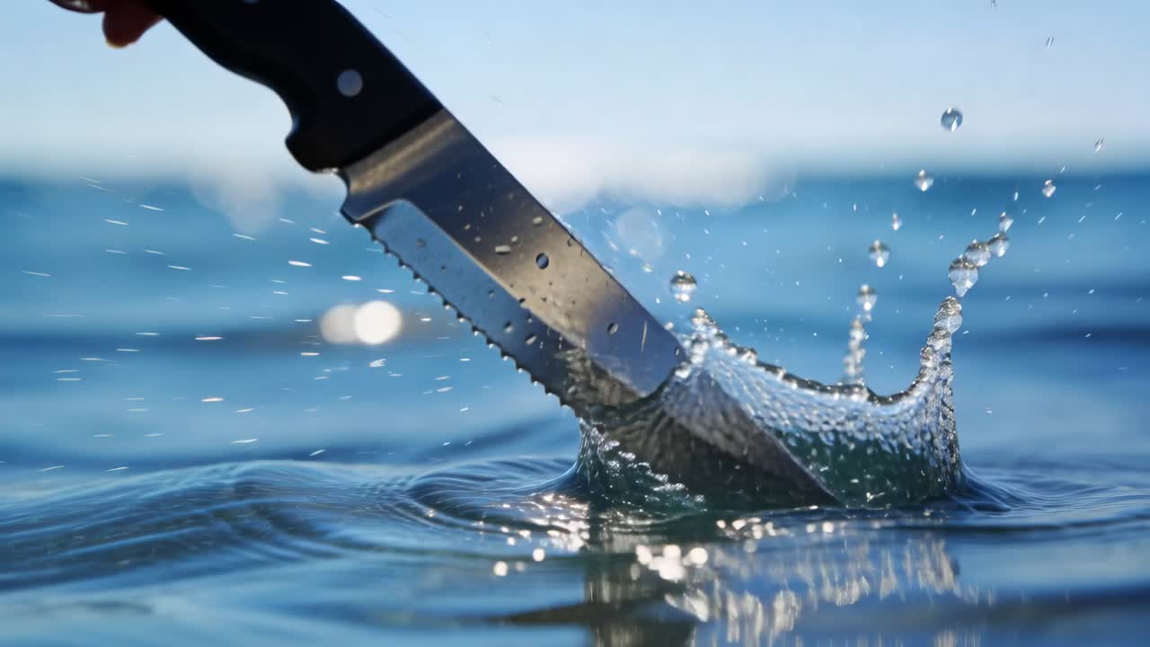 Hand holding serrated knife lowering into sea, piercing surface creating crown splashes for film