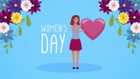 happy womens day lettering card with flowers and woman lifting heart