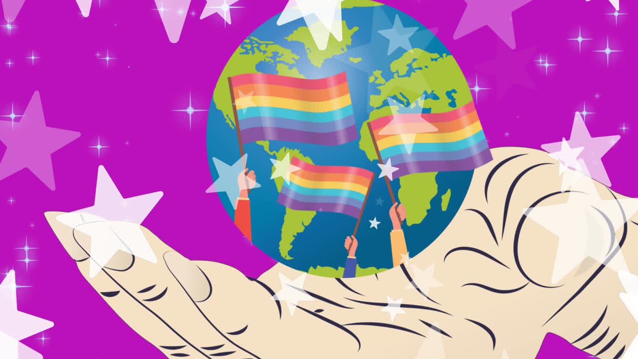 animación de estrellas sobre banderas arco iris y globo con mano en fondo púrpura