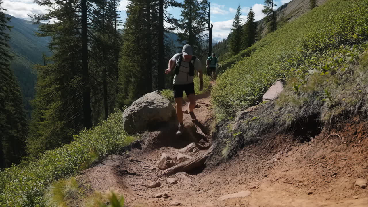 A person hiking or running on a mountain trail