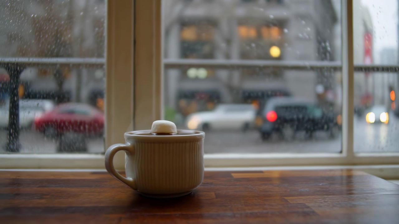 Tazza in ceramica con coperchio poggia su un tavolo di legno accanto a una finestra macchiata di pioggia, con goccioline e striature sul vetro, strada cittadina sfocata oltre, fari luminosi, riflessi bagnati, atmosfera interna tranquilla.