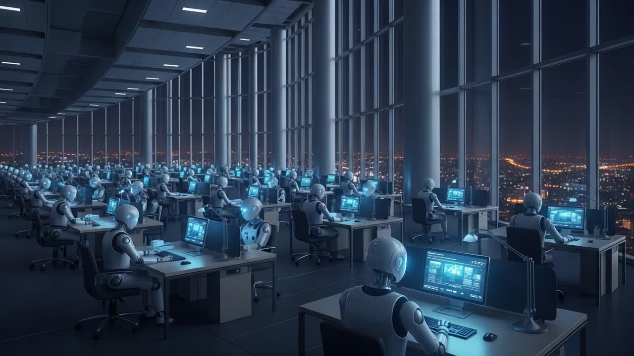 A futuristic office space filled with robotic workers engaged in data analysis under a captivating cityscape at night, illuminating the advancements in AI technology.