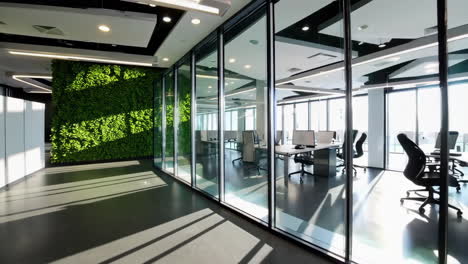 modern office interior with glass partitions and green moss wall