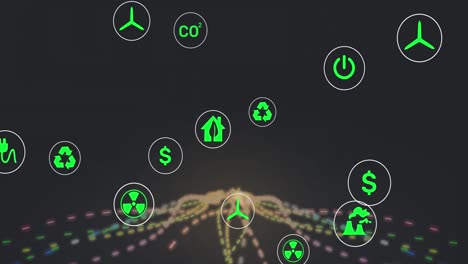 animation of multiple digital icons floating over glowing light trails against black background