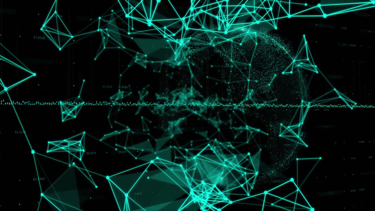 animación del procesamiento de datos sobre redes de plexo verdes brillantes contra un fondo negro.