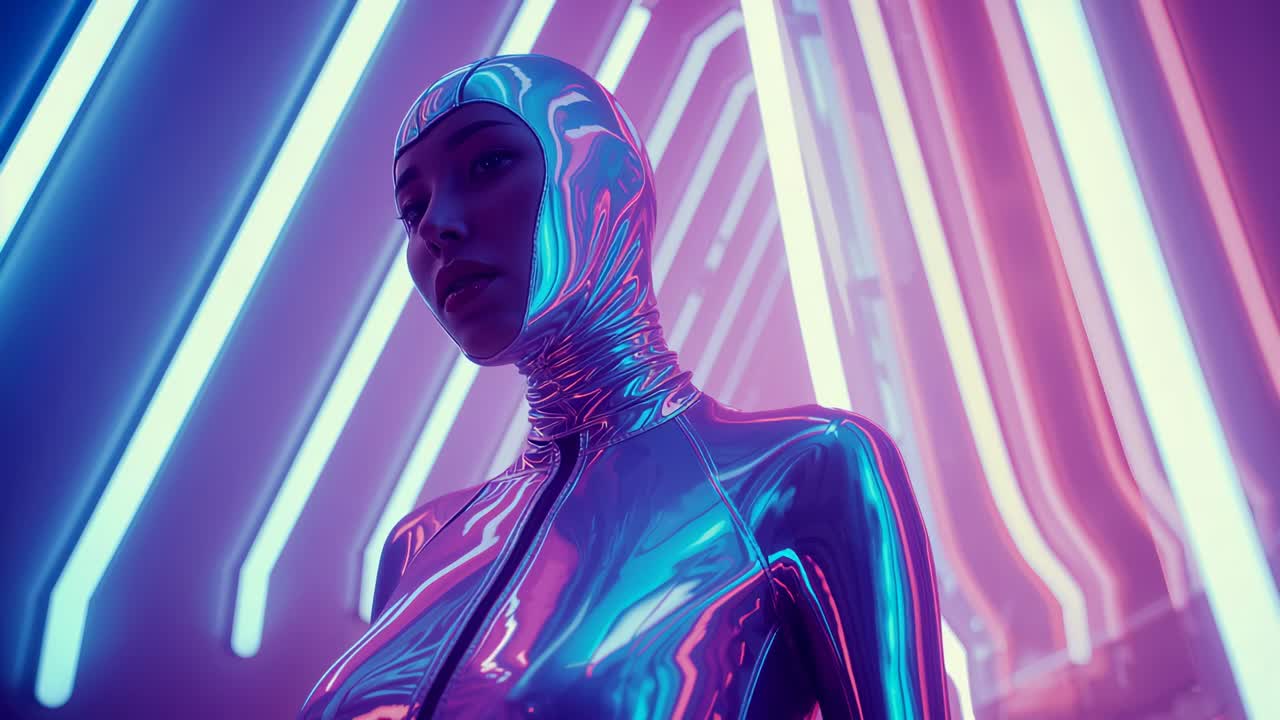 Moving camera through neon-lit corridor revealing female figure standing in reflective silver suit