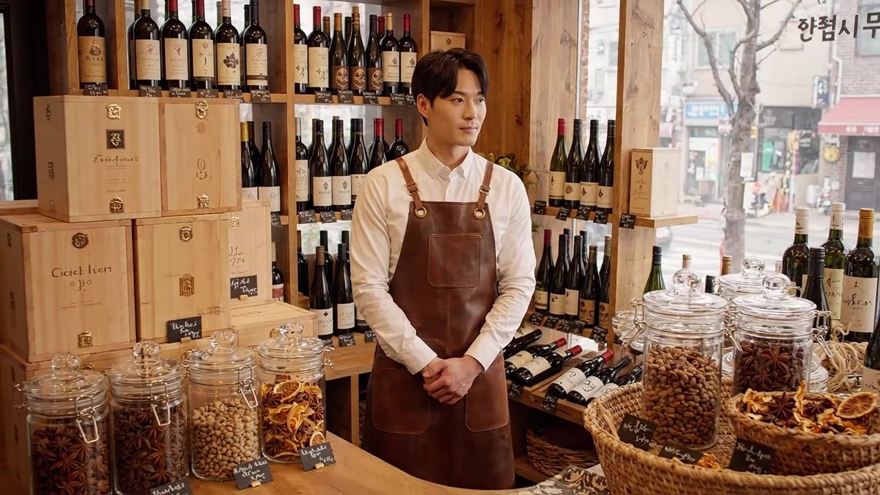Un sommelier amichevole in un'accogliente enoteca, circondato da vini pregiati, stuzzichini e un'atmosfera calda che invita i clienti a esplorare e gustare.
