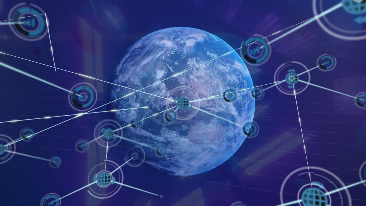 анимация сети соединений с иконами по всему миру