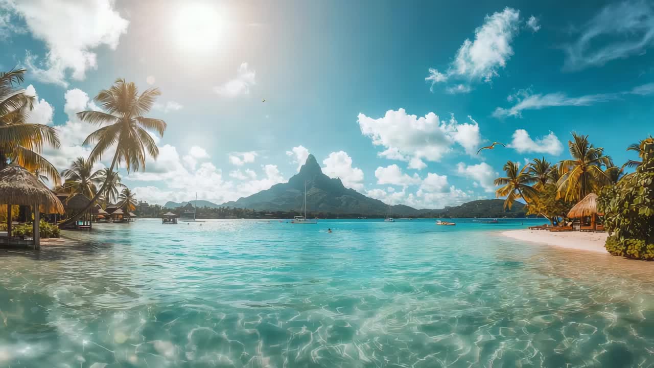 Luce solare che crea un lens flare, laguna turchese con increspature in un resort, barca a vela, nuotatore che galleggia