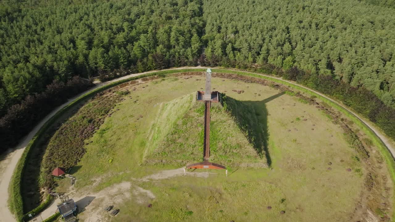 Aerial approach Pyramide Austerlitz, old historical landmark in the middle of natural area Utrechtse Heuvelrug, monument dedicated to Napoleon Bonaparte