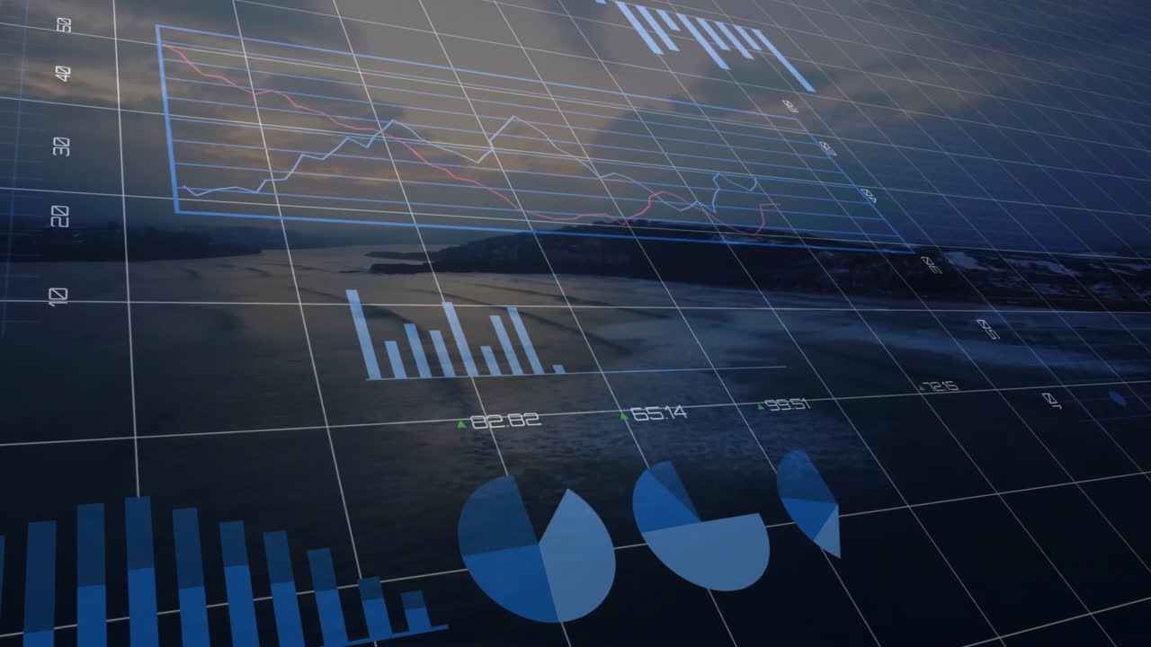 Animation of graphs and charts overlaying coastal landscape in school presentation