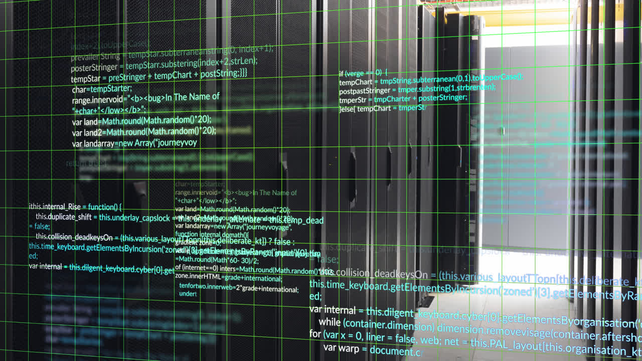 Animation of grid pattern over computer language against server room in background