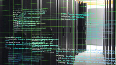 animation of grid pattern over computer language against server room in background