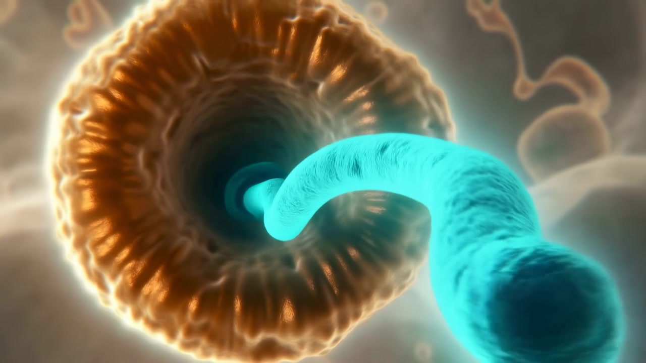 Una forma tubolare turchese avanza da un centro circolare scuro, poi si inarca e si avvolge verso l'osservatore, mentre calde creste ambrate circondano l'apertura contro uno sfondo delicatamente luminoso.