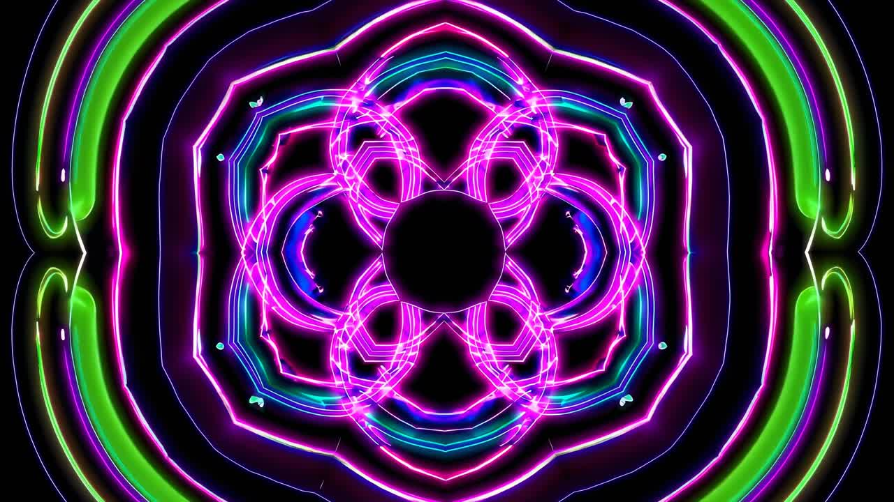 A kaleidoscopic video featuring vibrant pink neon lights in symmetrical patterns