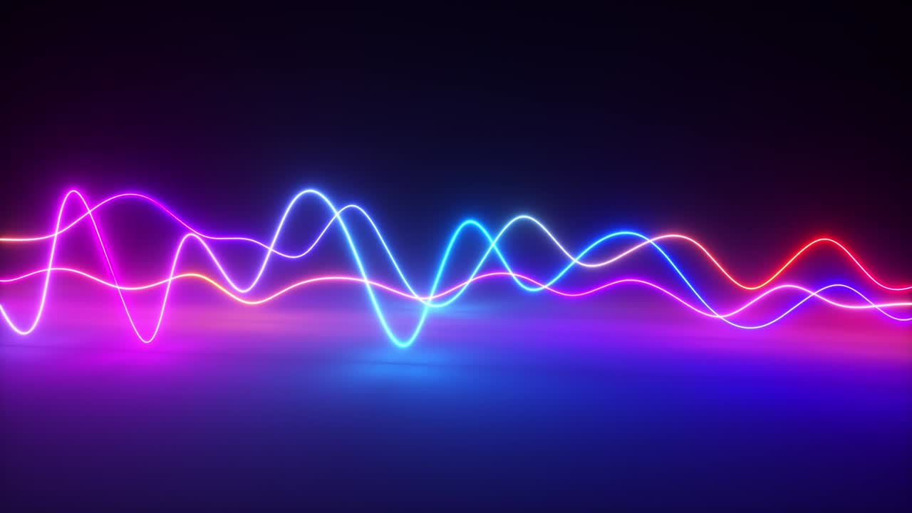 Colorful bright neon glowing graphic equalizer. Ultraviolet signal spectrum, laser show, energy, sound vibrations and waves. Seamless loop 3d render