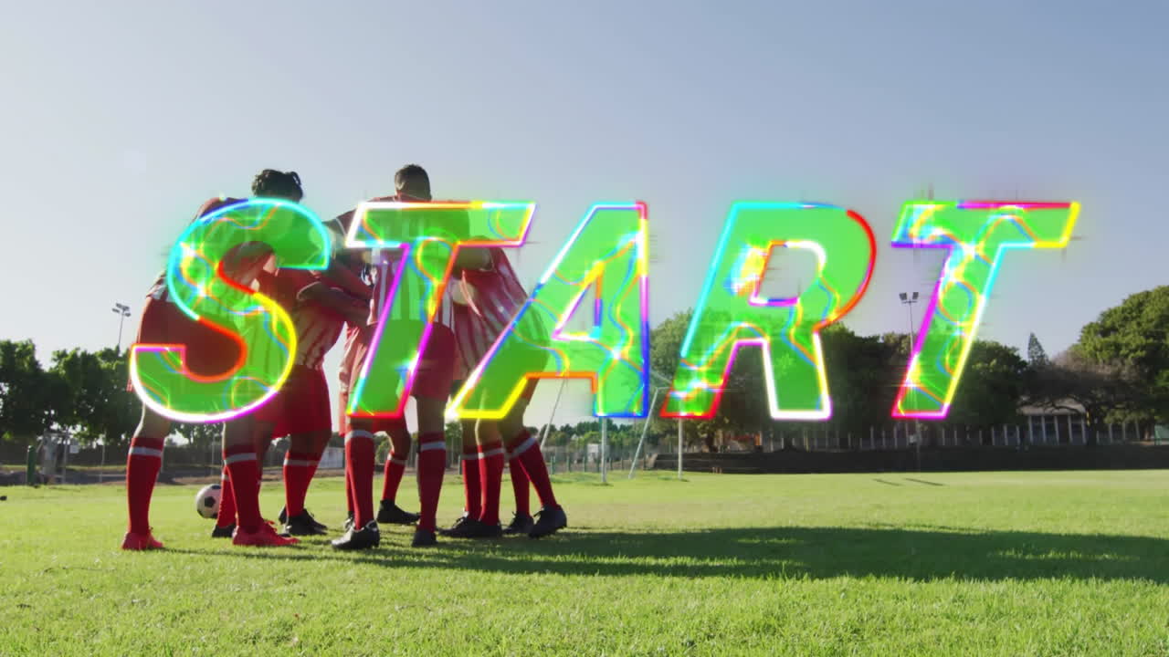 Soccer team huddling on field with colorful START text animation overlay