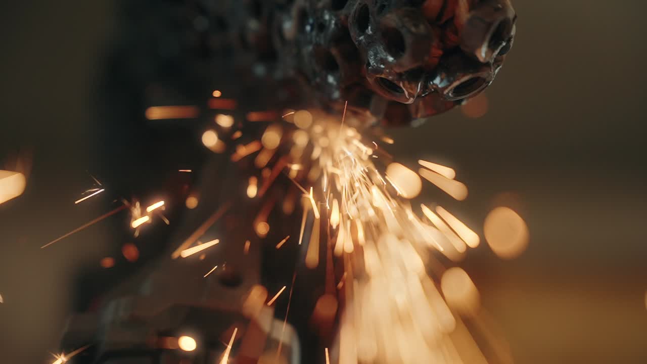 close up slow motion shot of bright sparks flying from an angle grinder cutting through metal