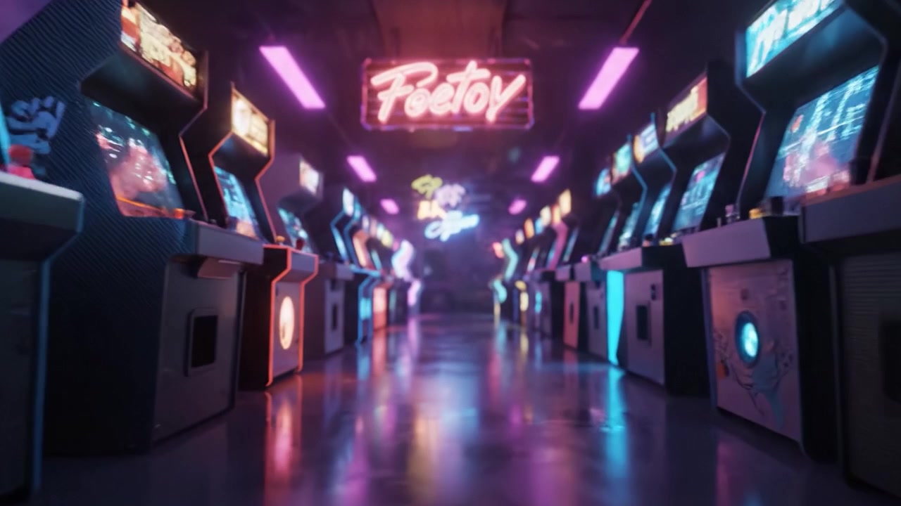 Vibrant Arcade Experience with Neon Lights and Classic Games: An Exploration of Retro Gaming Culture and Electrifying Atmosphere in an Inviting Space