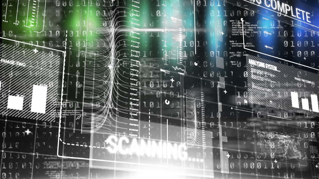 Animation of data processing on black background