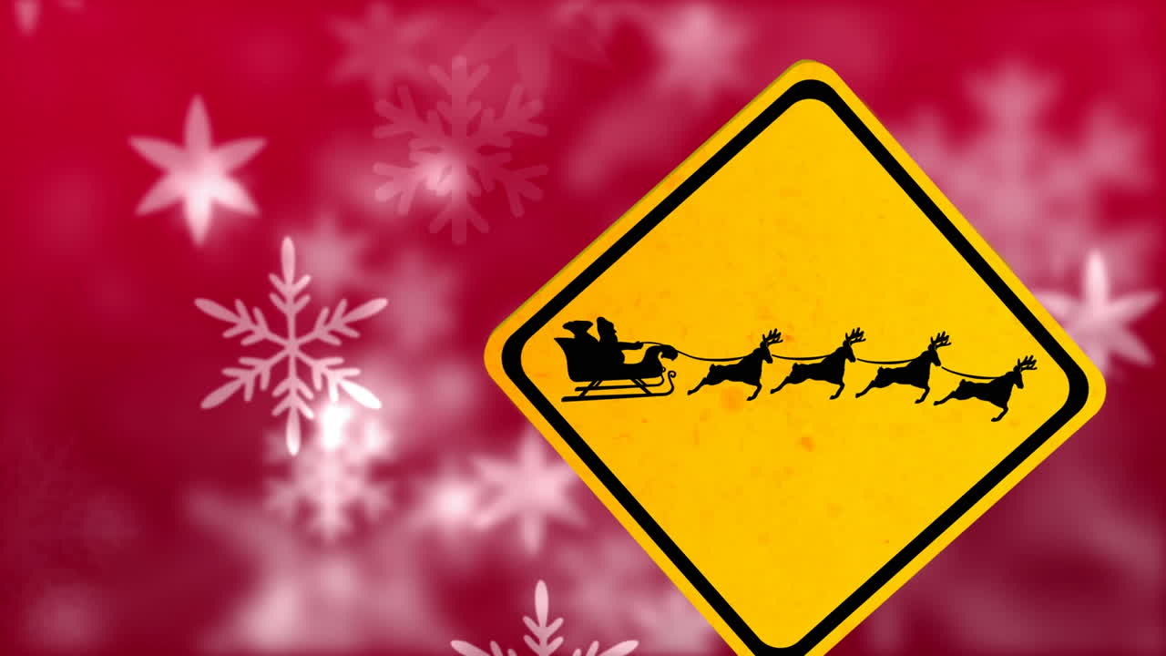 animación de copos de nieve de navidad cayendo sobre el cartel de trineo de santa sobre fondo rojo