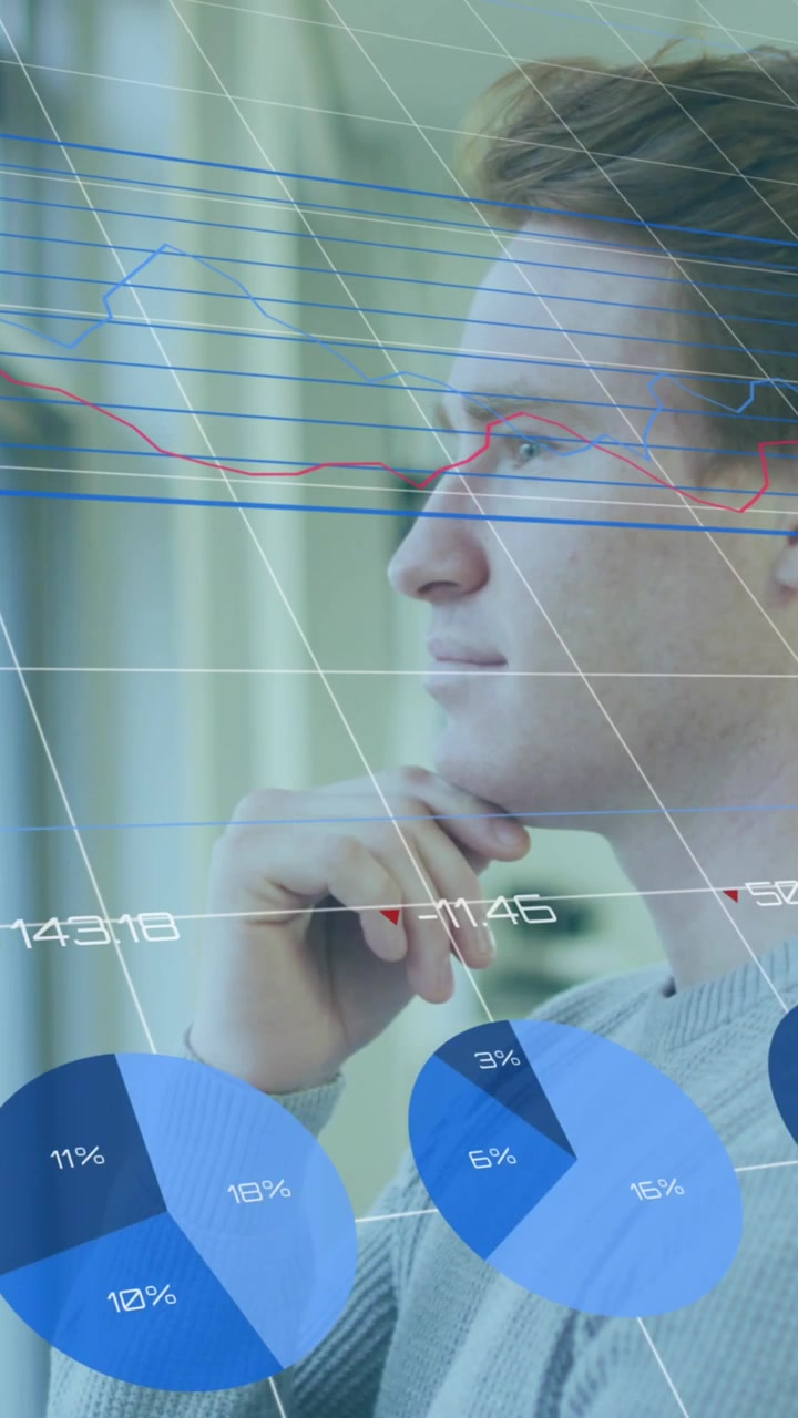 Animation of financial graphs over thoughtful caucasian man looking outside window in office