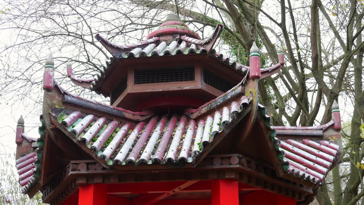 un edificio de jardín chino en invierno con escarcha y nieve en el techo