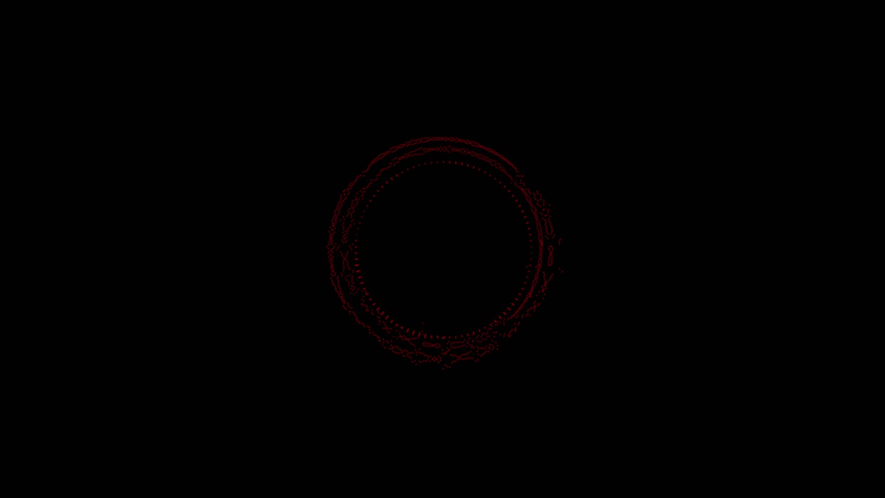 Abstract red circular form with pulsating lines and dots on a black background. Represents audio equalizer, sound wave, or futuristic interface. Seamless loop
