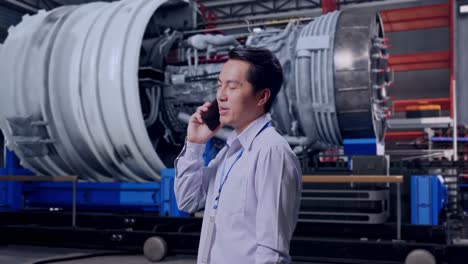 side view asian male professional worker standing with airplane engine maintenance conducted, analytics checking the turbine, he pick the phone up and started to specking to it with a slicely smile