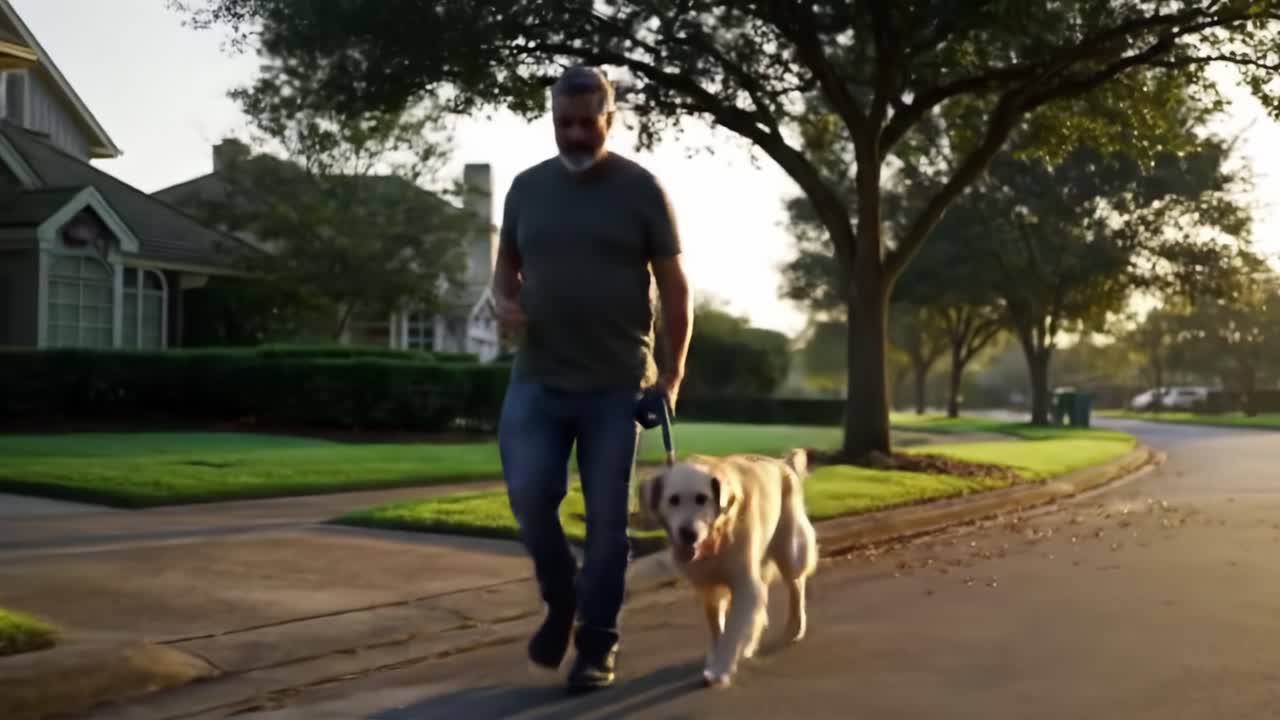 A man enjoys a peaceful evening walk with his golden retriever, enjoying the serene neighborhood atmosphere and the warm glow of the setting sun, embodying companionship and tranquility