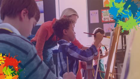 Colorful-paint-stains-against-caucasian-female-teacher-teaching-students-how-to-paint-at-school