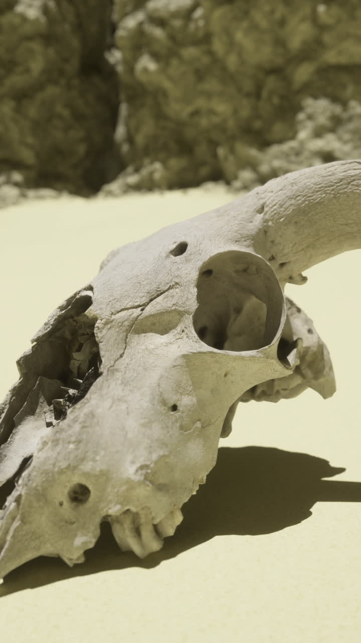 Desert landscape featuring a detailed ram skull amidst rocky terrain