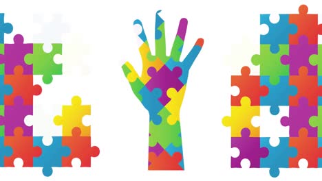 Animation-of-autism-colourful-puzzle-pieces-forming-hand-on-white-background