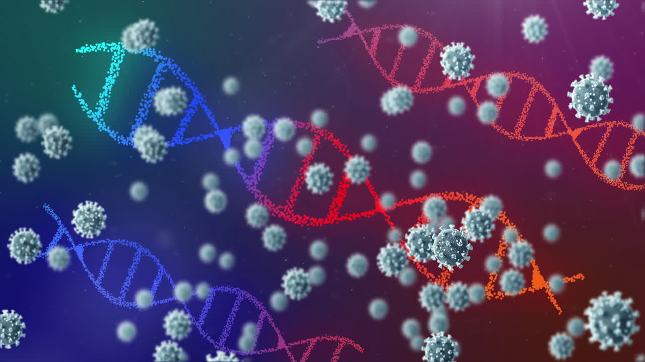 Animazione di DNA e cellule di coronavirus su sfondo sfumato