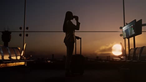 full body side view of asian businesswoman with rolling suitcase in boarding lounge of airline hub, drinking coffee while waiting for flight, airport terminal with airplane takes off outside the window