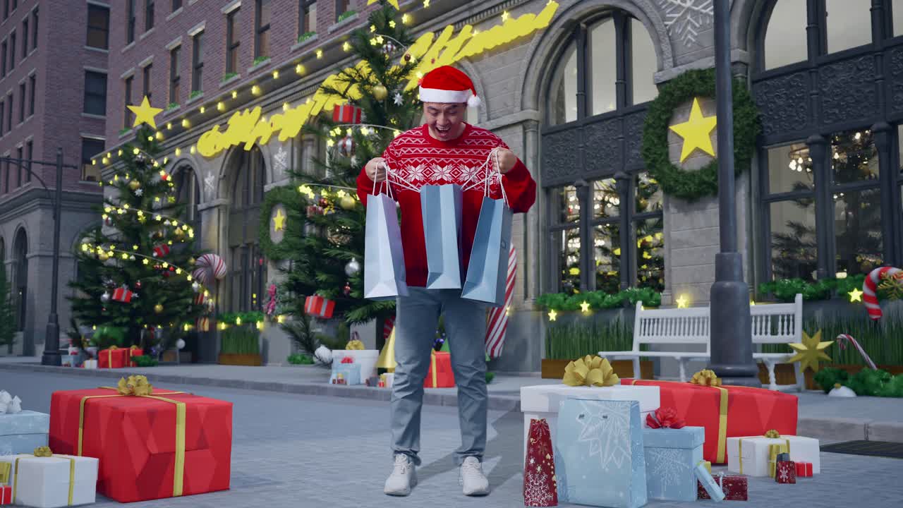 cuerpo lleno de hombre asiático en traje de papá noel abre la bolsa de compras diciendo wow y sonriendo a la cámara mientras está de pie en la noche de navidad