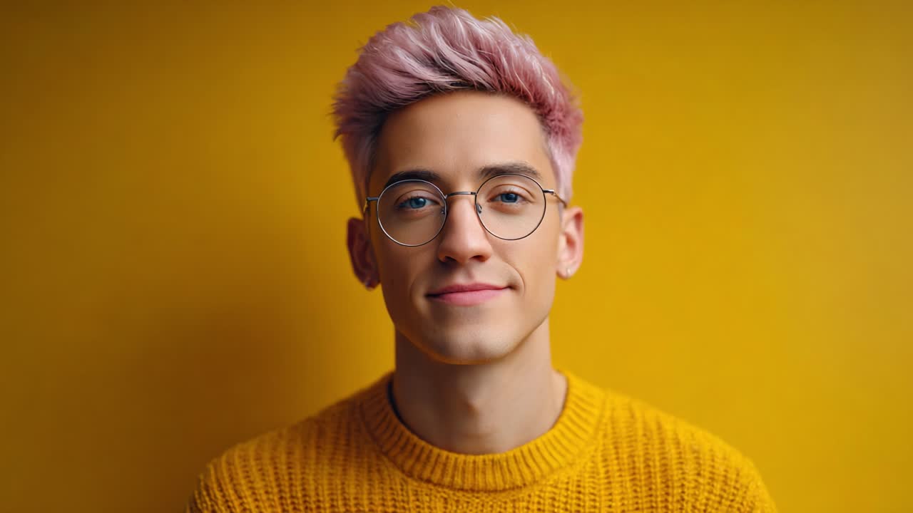 A Bright and Engaging Portrait of a Young Individual with Stylish Hair and Glasses Against a Vivid Yellow Background, Capturing a Moment of Expression and Connection