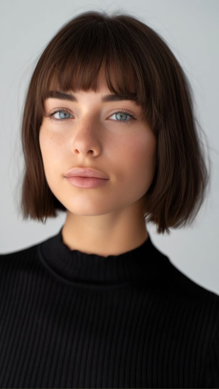 Portrait of a woman with short hair and bangs, shot at eye level