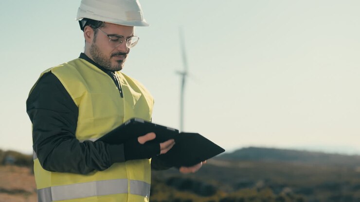 A focused young engineer in a white helmet and reflective vest uses technology to audit wind turbines on a sunny day, emphasizing the importance of clean energy for the planet