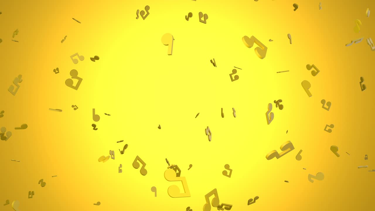 notas musicales amarillas voladoras sobre un fondo amarillo.