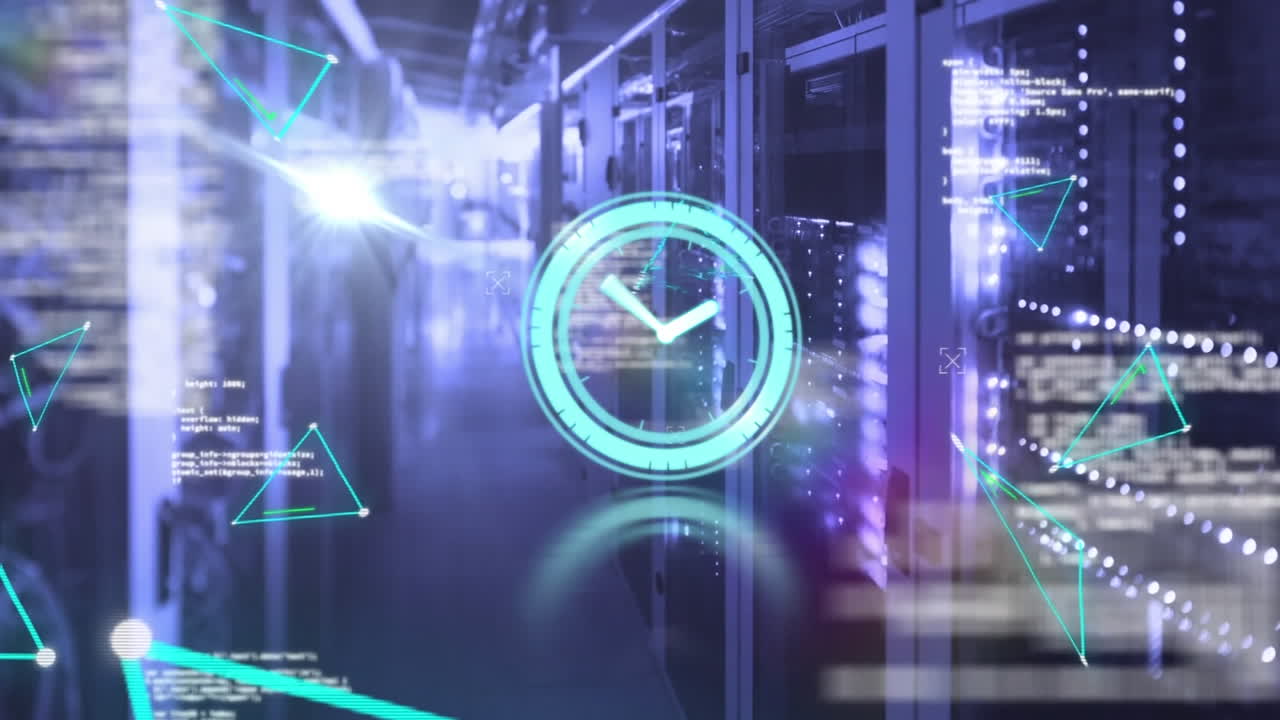 Animation of neon ticking clock, plexus networks and data processing against computer server room