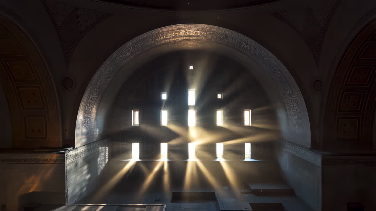 Sunlight streaming through windows in an ancient hall