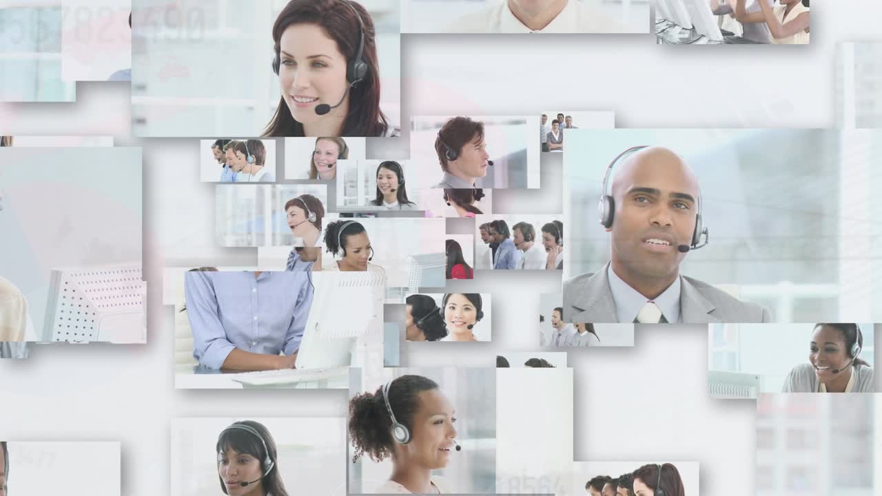 Animation of data processing over diverse business people talking on phoneset