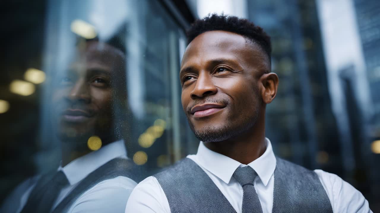 Confident Professional Man Smiling Reflectively by Glass Window Amid Urban Setting, Showcasing Contemporary Attire and Poised Demeanor in Modern Cityscape