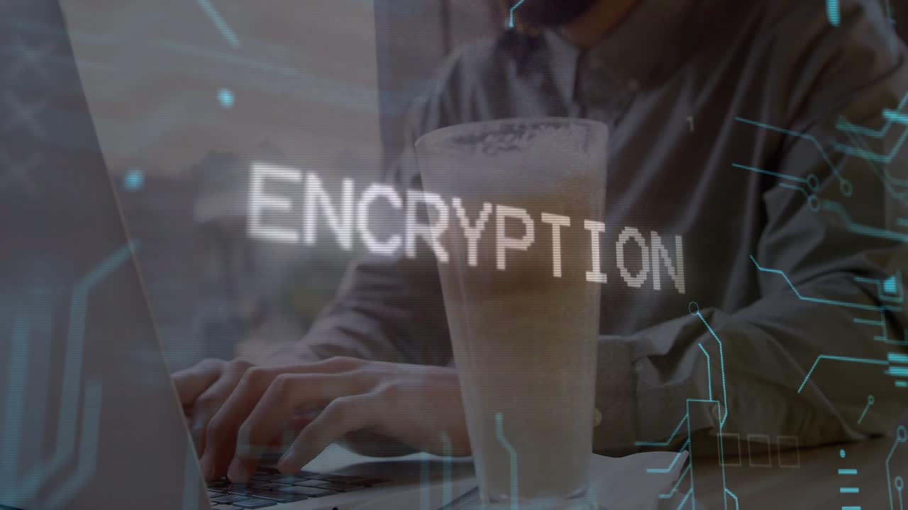 man typing on laptop at cafe table, featuring tech encryption overlay and frothy latte