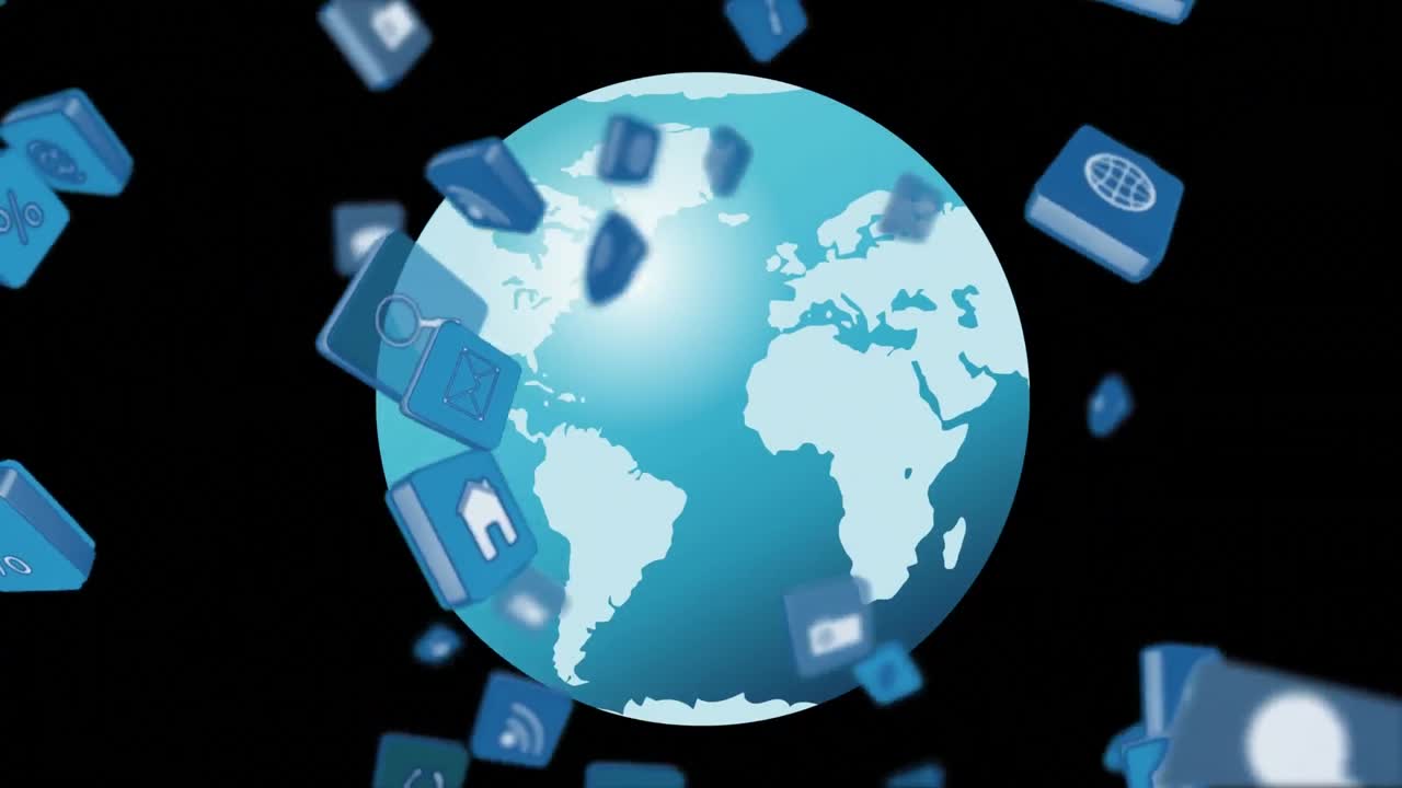 지구상에 떠다니는 다양한 아이콘의 애니메이션